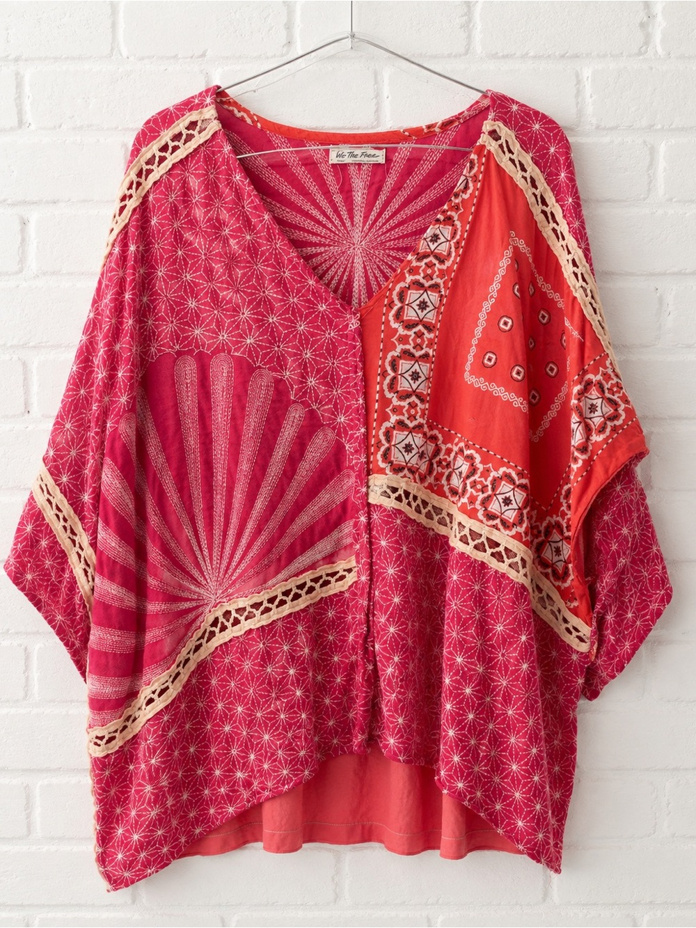 We The Free Red Patchwork V-Neck Tunic with Crochet Trim